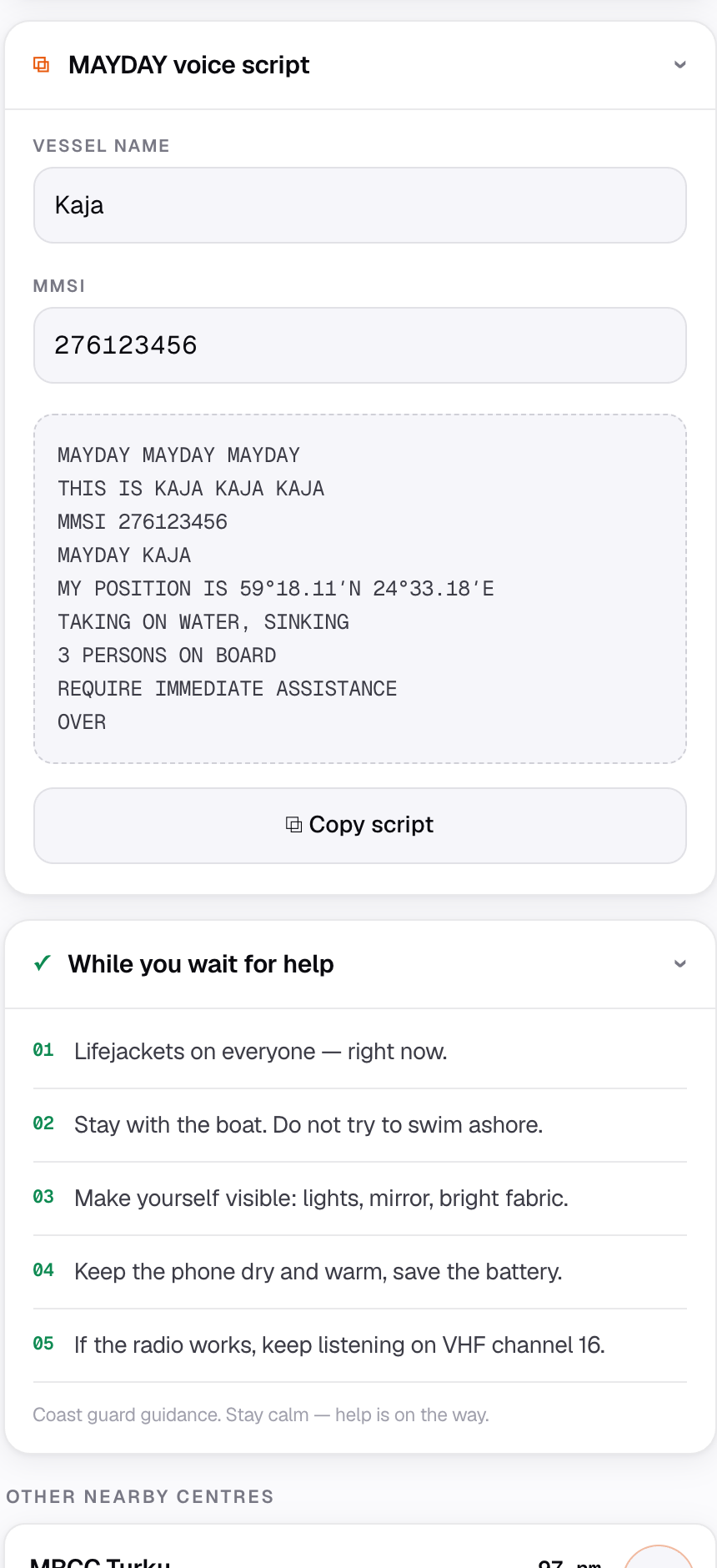 VesselSOS MAYDAY script screen with a pre-filled distress call in large type