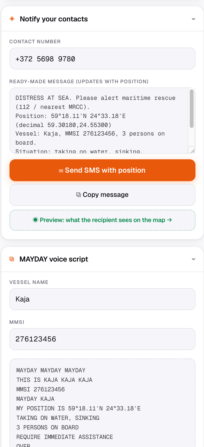 VesselSOS SMS screen showing a pre-written distress message with a map link