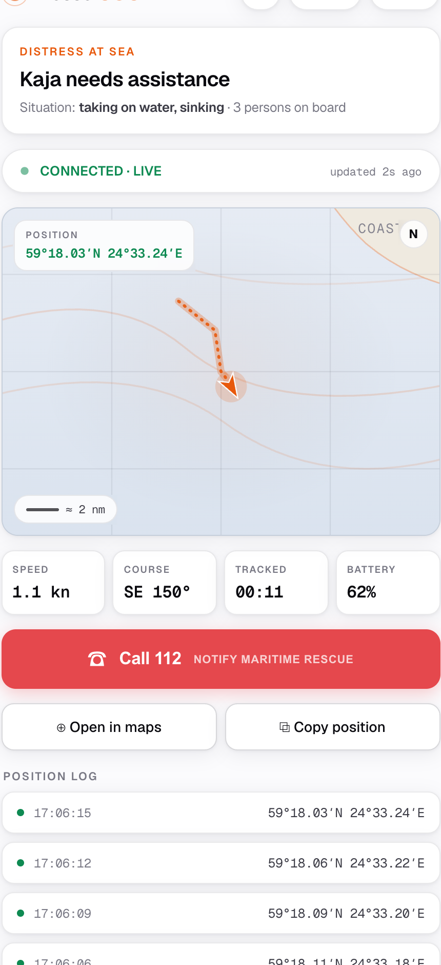 VesselSOS live tracking screen showing a boat position on a chart with a shareable link