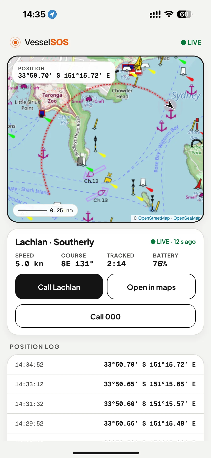 Boat tracking app live link: your boat's position, speed and phone battery on a map, shared with family ashore · VesselSOS