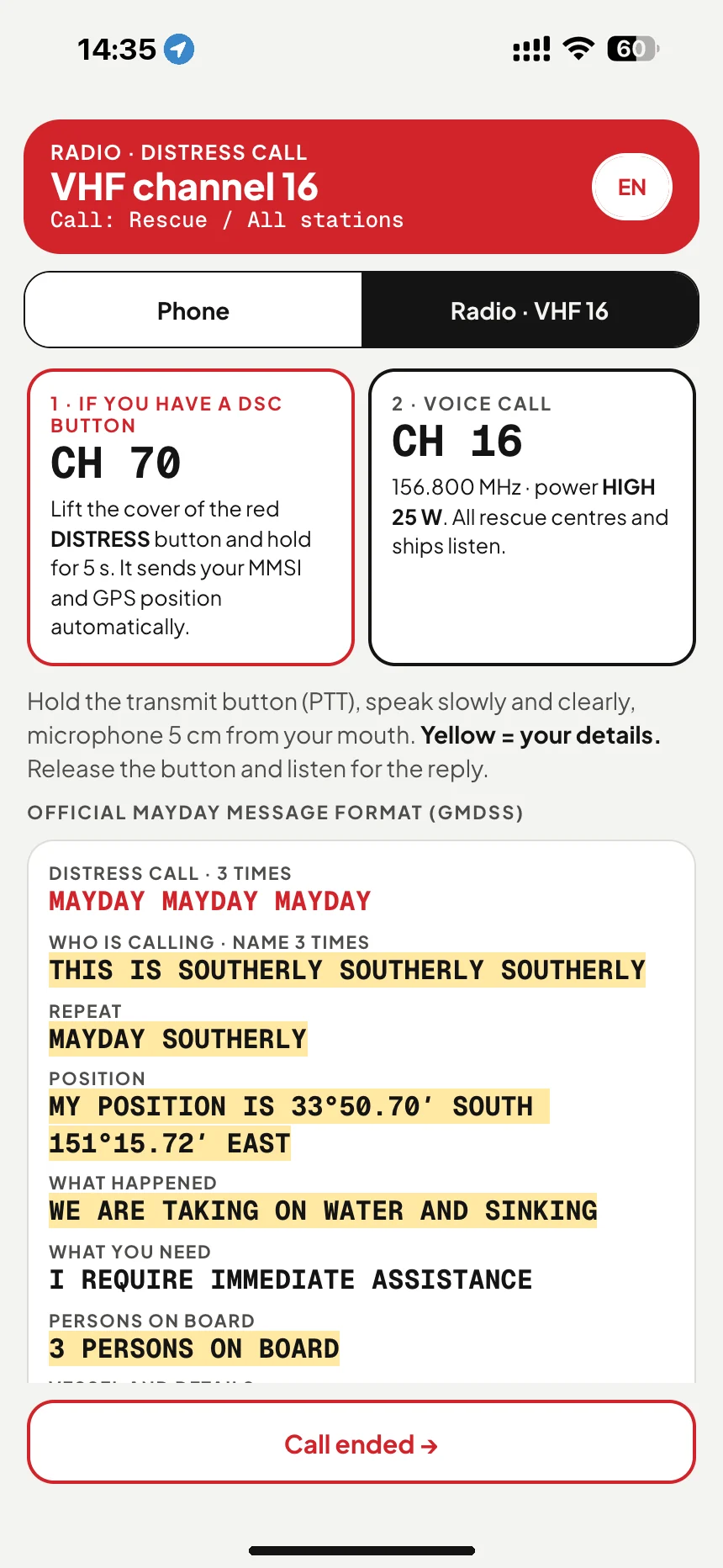 VHF channel 16 MAYDAY: distress call script filled in with your boat's name, call sign and position · VesselSOS