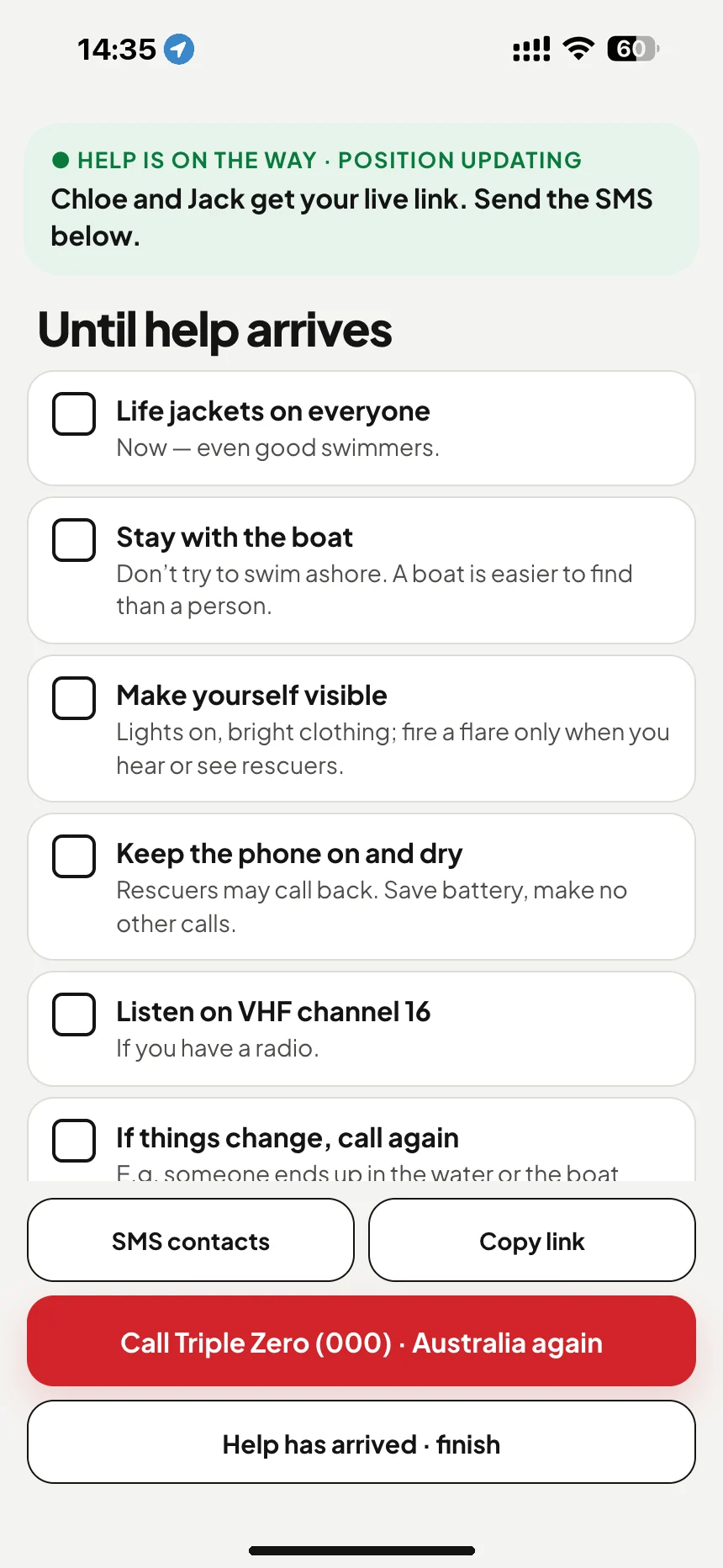 Waiting for marine rescue: checklist until help arrives and an SMS with your live location link · VesselSOS