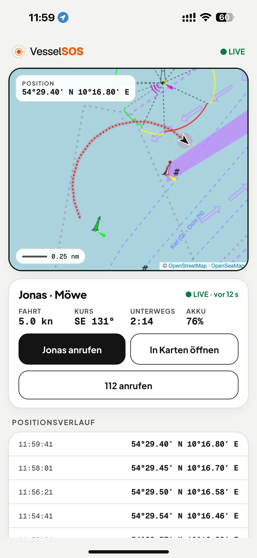 Live-Tracking-Link fürs Boot: Position, Geschwindigkeit und Handy-Akku des Boots auf der Karte, in jedem Browser · VesselSOS