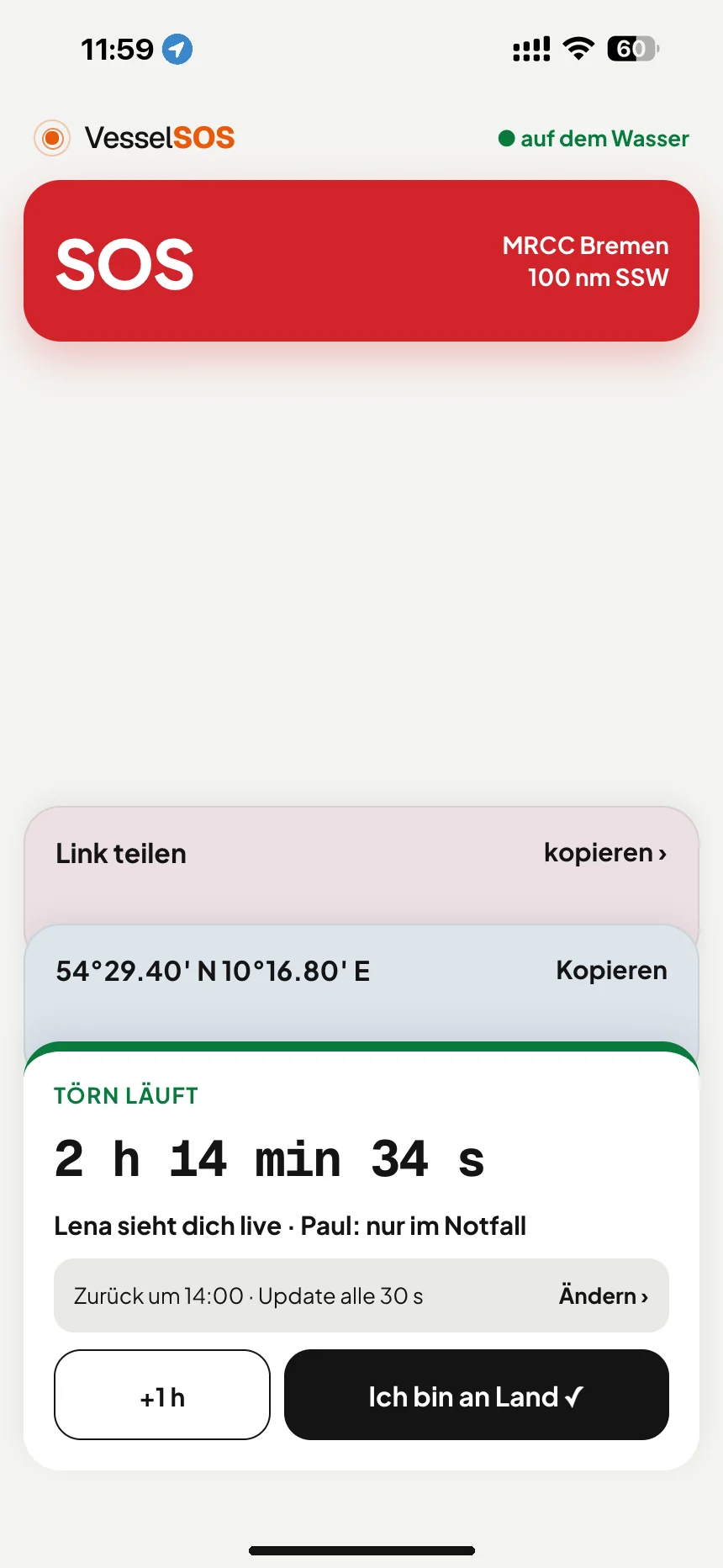 Törn-Tracking: Törn läuft: Rückkehrzeit und Kontakte, die dich live sehen · VesselSOS