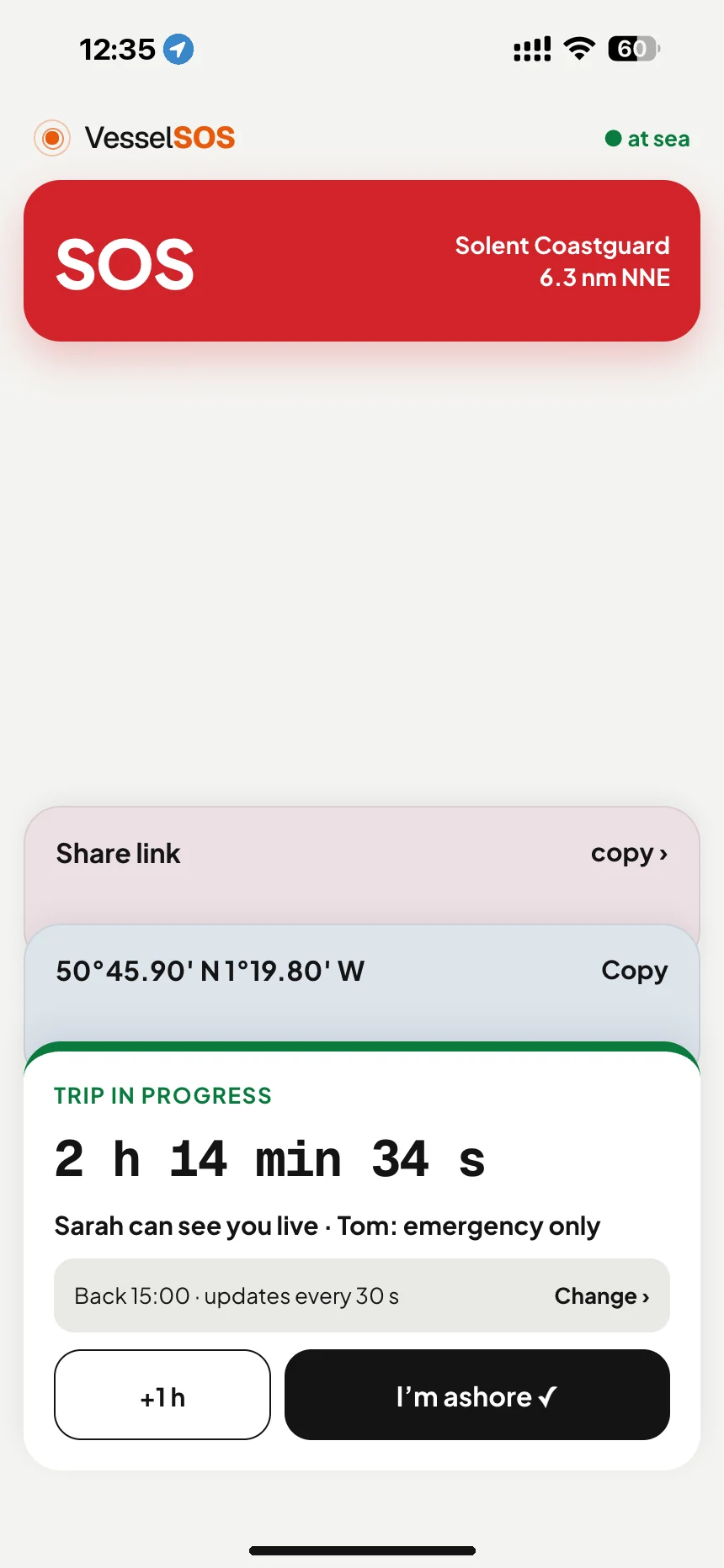 Boat trip tracking: trip in progress with return time and the contacts who can see you live · VesselSOS