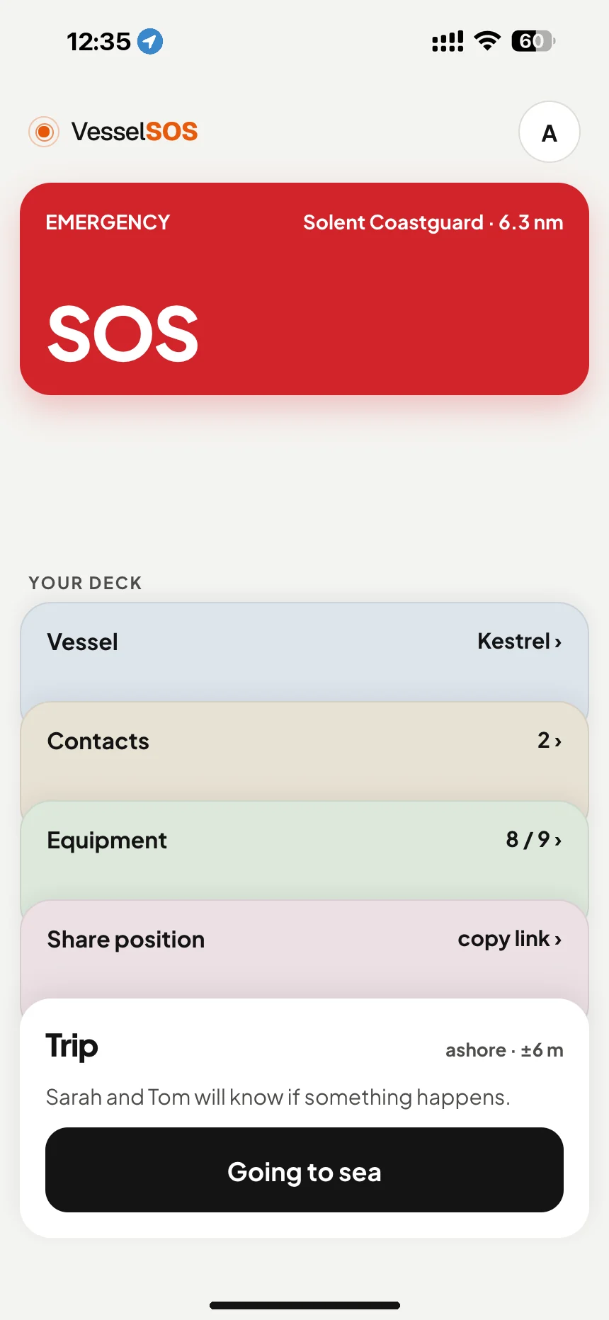 Boating safety app home screen: SOS button and the responsible rescue centre, Solent Coastguard · VesselSOS