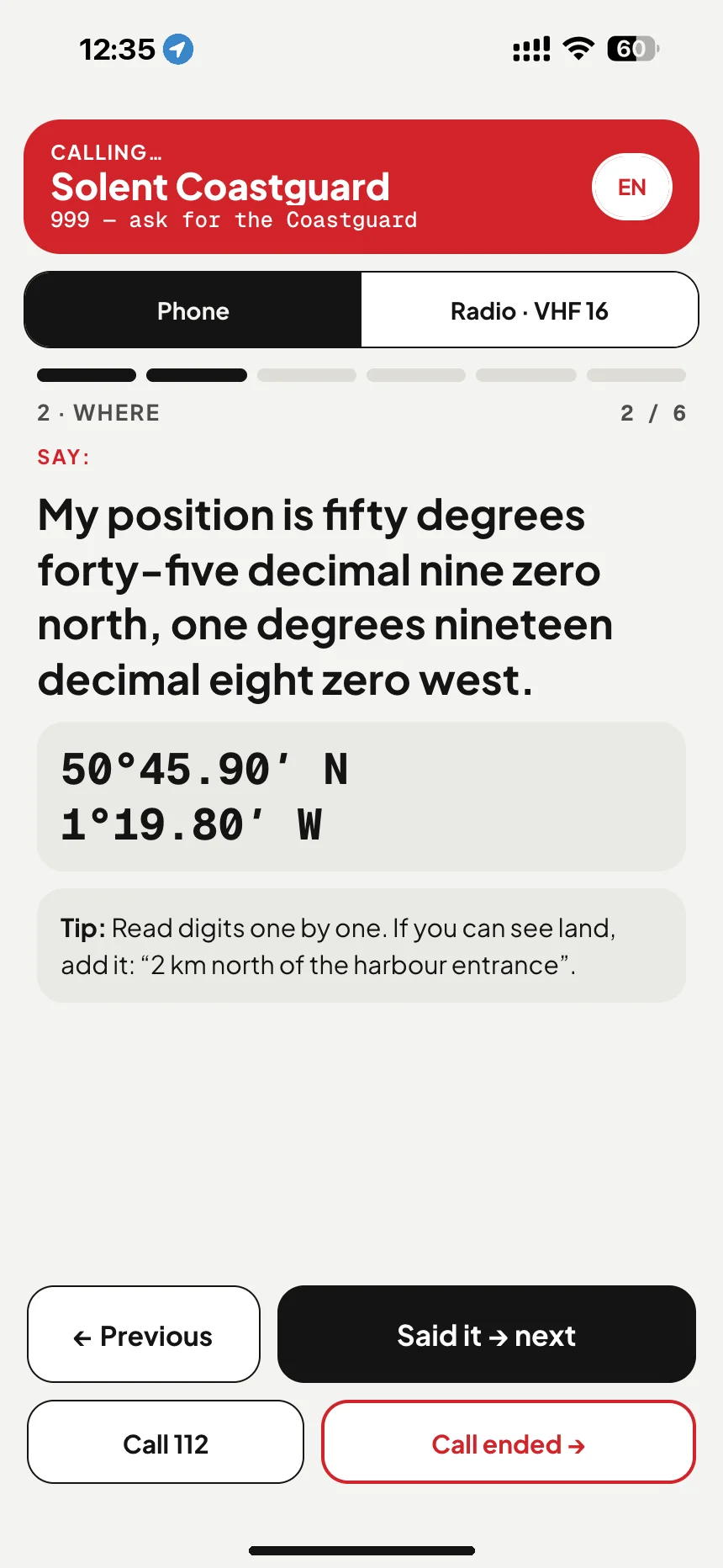 Distress call script: the position read out in words while calling Solent Coastguard · VesselSOS