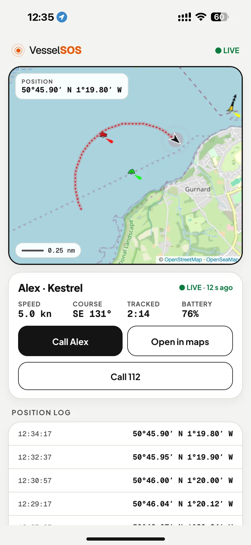 Live boat tracking link: the boat's position, speed and phone battery on a map in any browser · VesselSOS