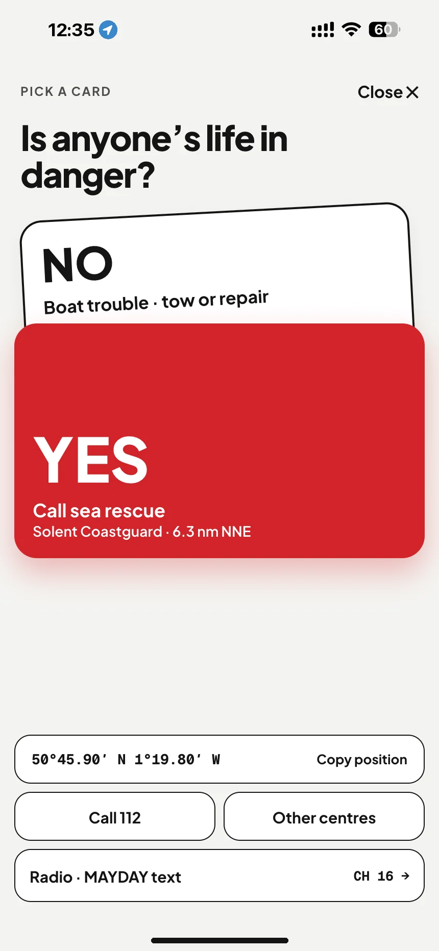 Marine SOS: is anyone's life in danger? Yes calls Solent Coastguard, no opens technical assistance · VesselSOS