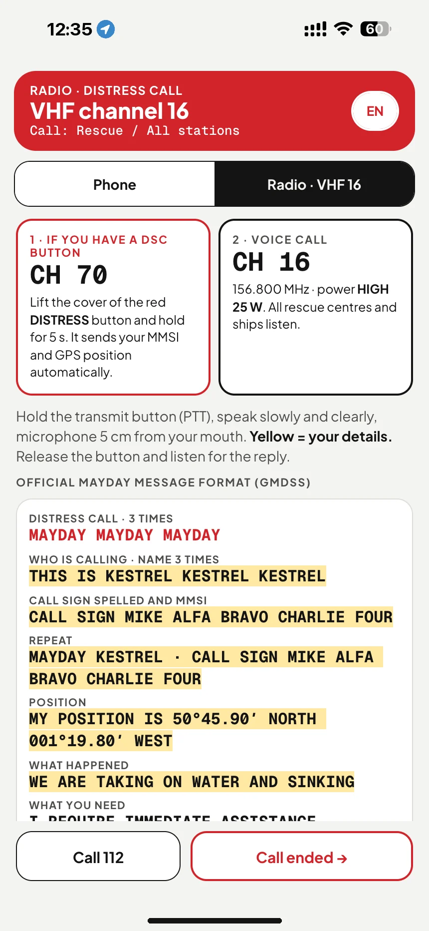 VHF MAYDAY call: channel 16 distress message filled in with the boat's name, call sign and position · VesselSOS