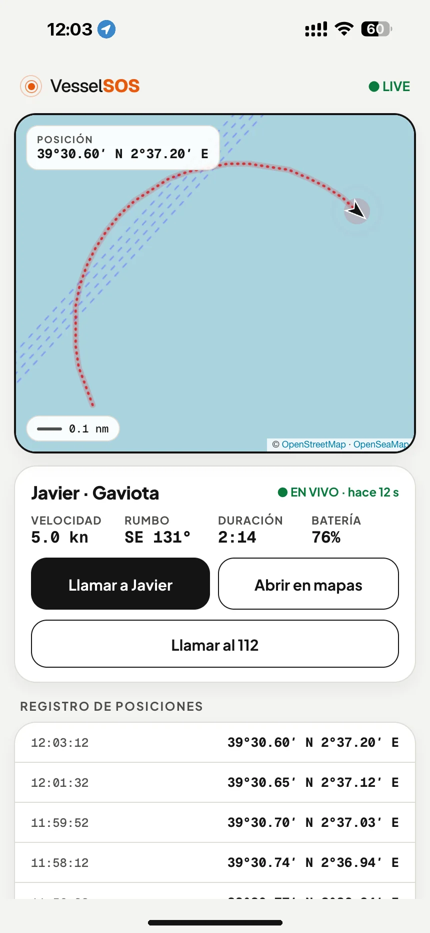 Enlace de seguimiento del barco en tiempo real: posición, velocidad y batería del móvil en el mapa, en cualquier navegador · VesselSOS