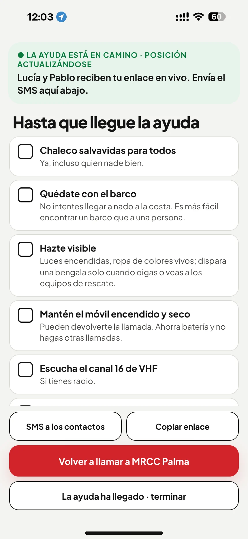 Esperando a Salvamento Marítimo: lista de comprobación hasta que llegue la ayuda y SMS con el enlace de seguimiento para los tuyos · VesselSOS