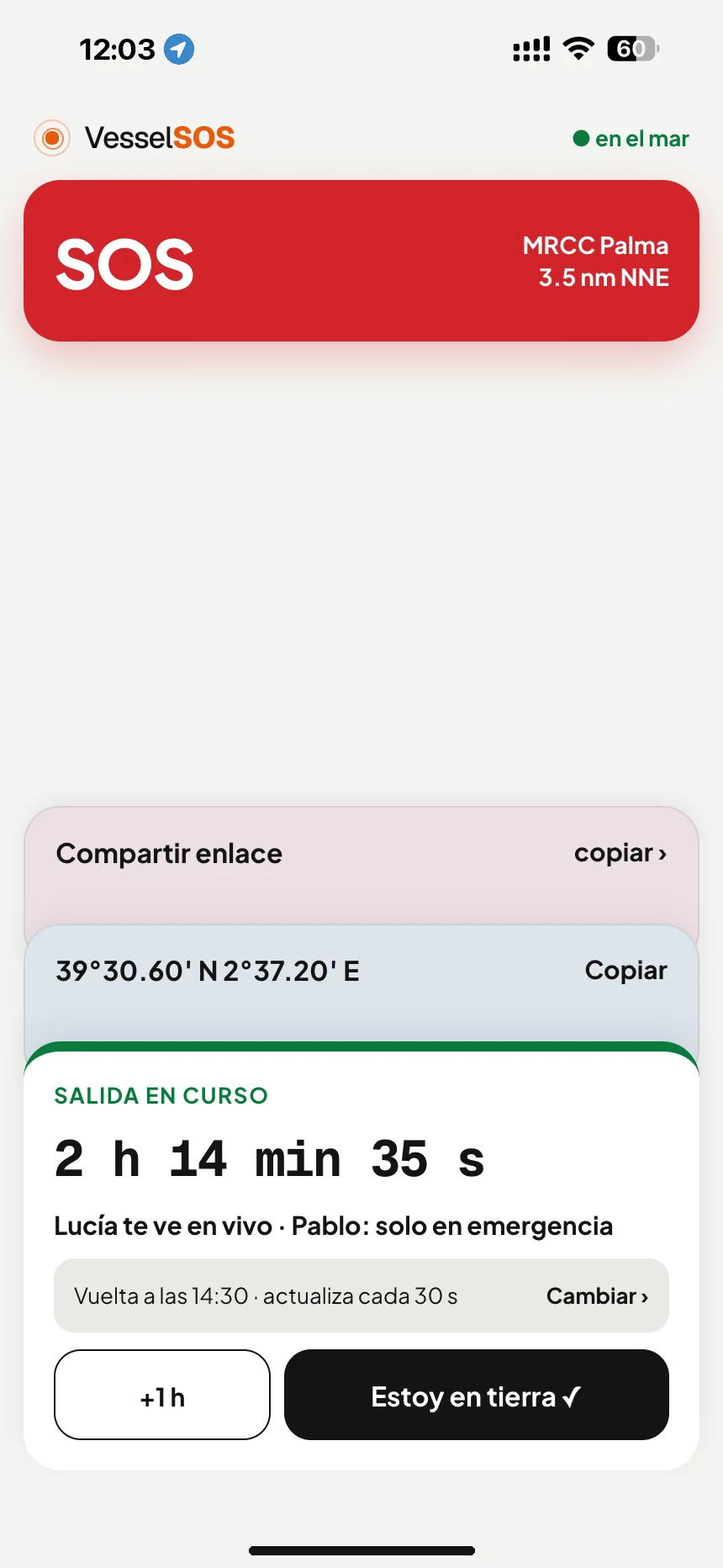 Seguimiento de la travesía: travesía en curso: hora de regreso y contactos que te ven en directo · VesselSOS