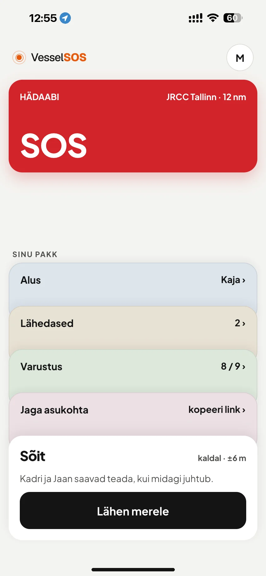 Mereohutuse äpp: SOS-nupp ja vastutav päästekeskus JRCC Tallinn · VesselSOS
