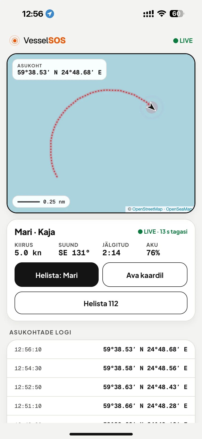 Paadi jälgimislink: paadi asukoht, kiirus ja telefoni aku kaardil, avaneb igas brauseris · VesselSOS