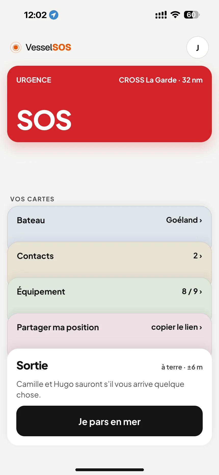 Appli de sécurité pour plaisanciers: bouton SOS et le centre de sauvetage compétent, CROSS La Garde · VesselSOS
