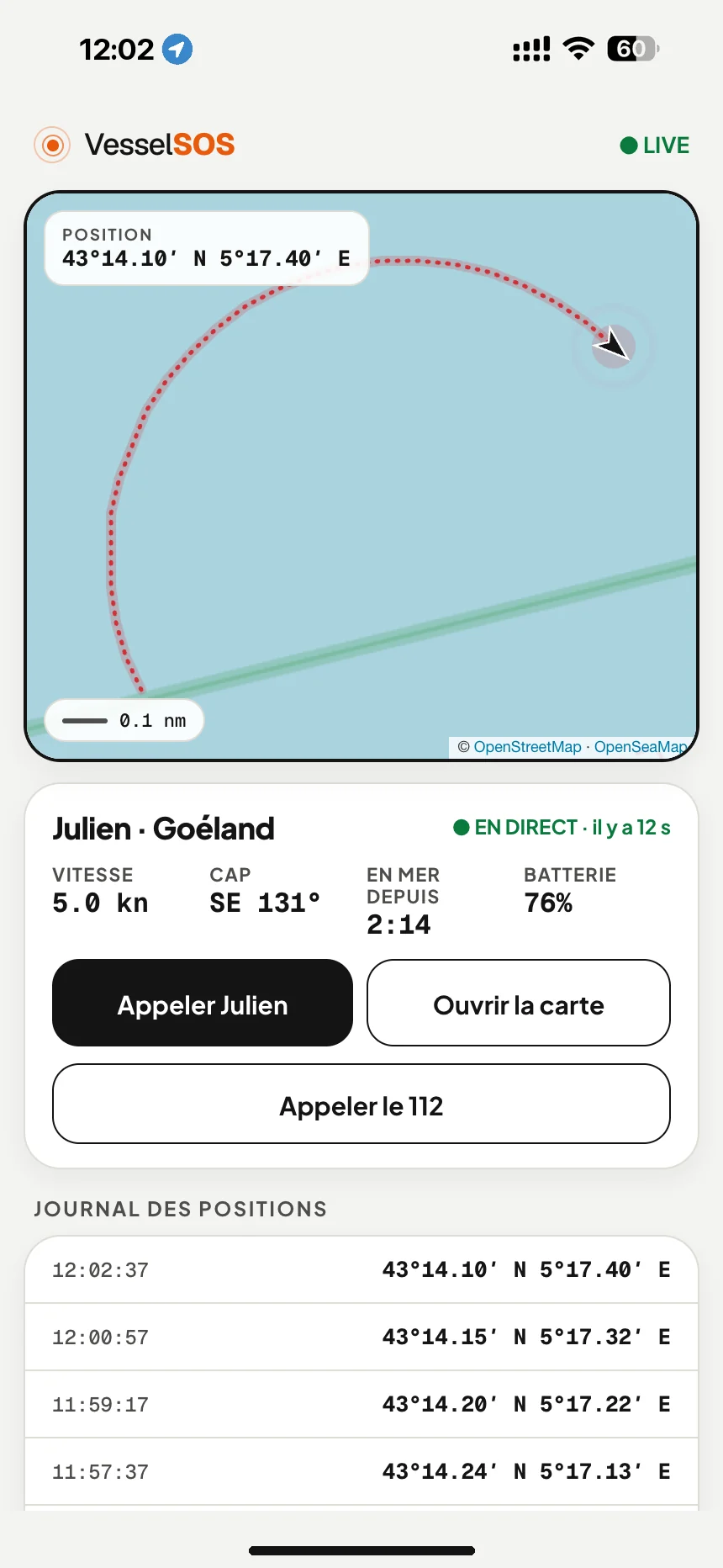 Lien de suivi du bateau en temps réel: position, vitesse et batterie du téléphone sur la carte, dans n’importe quel navigateur · VesselSOS