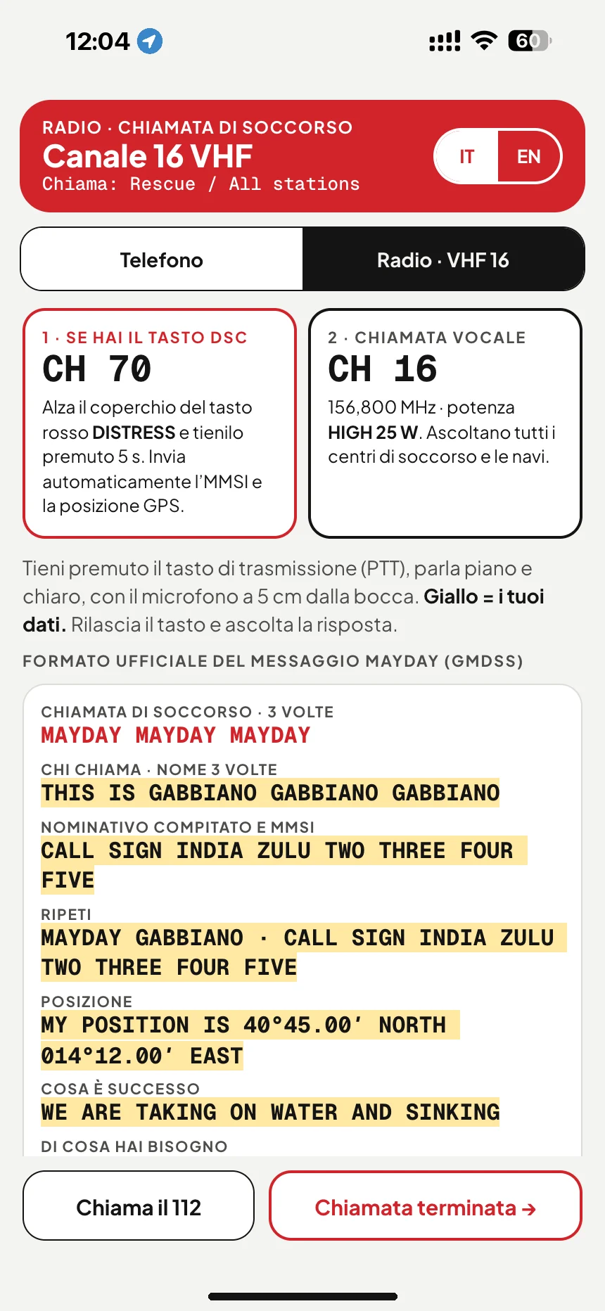 Chiamata MAYDAY in VHF: messaggio di soccorso sul canale 16 con nome della barca, nominativo e posizione · VesselSOS