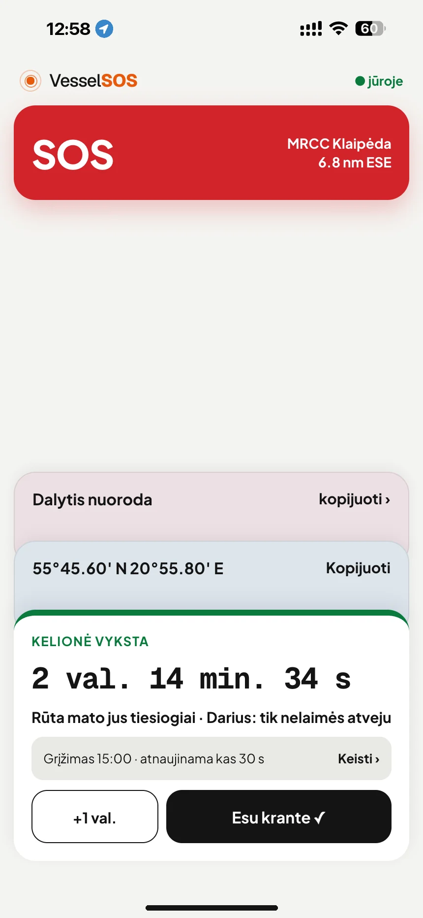Plaukimo sekimas: kelionė vyksta: grįžimo laikas ir kontaktai, kurie mato jus tiesiogiai · VesselSOS