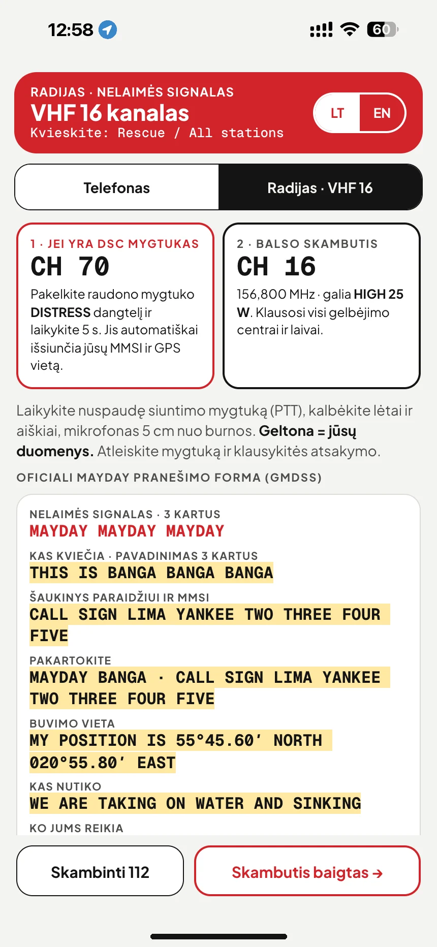 VHF MAYDAY signalas: 16 kanalo nelaimės pranešimas su valties pavadinimu, šaukiniu ir padėtimi · VesselSOS