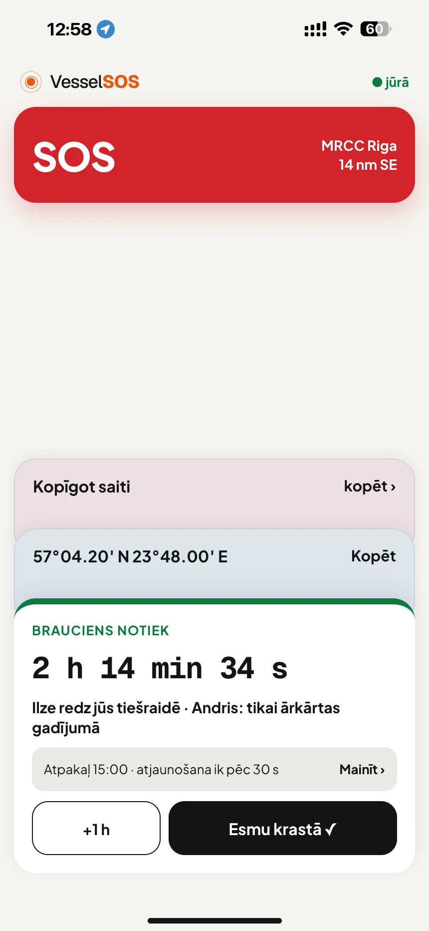 Laivas brauciena izsekošana: brauciens notiek: atgriešanās laiks un kontakti, kas jūs redz tiešsaistē · VesselSOS