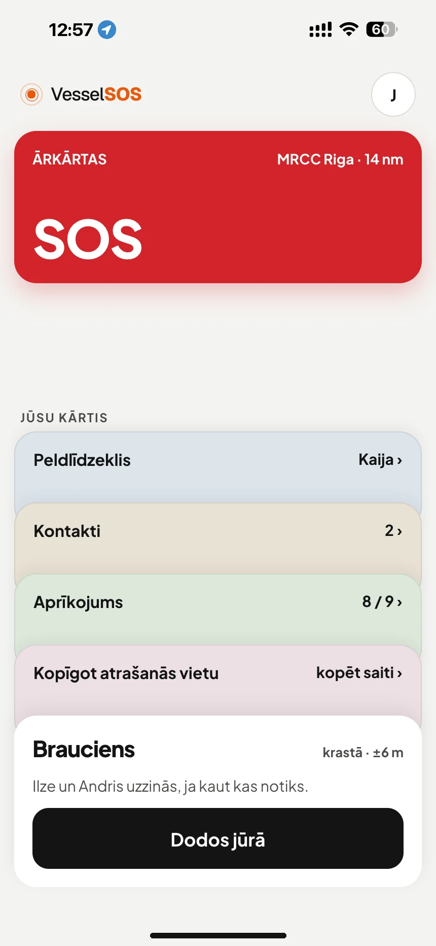 Laivošanas drošības lietotne: SOS poga un atbildīgais glābšanas centrs MRCC Riga · VesselSOS
