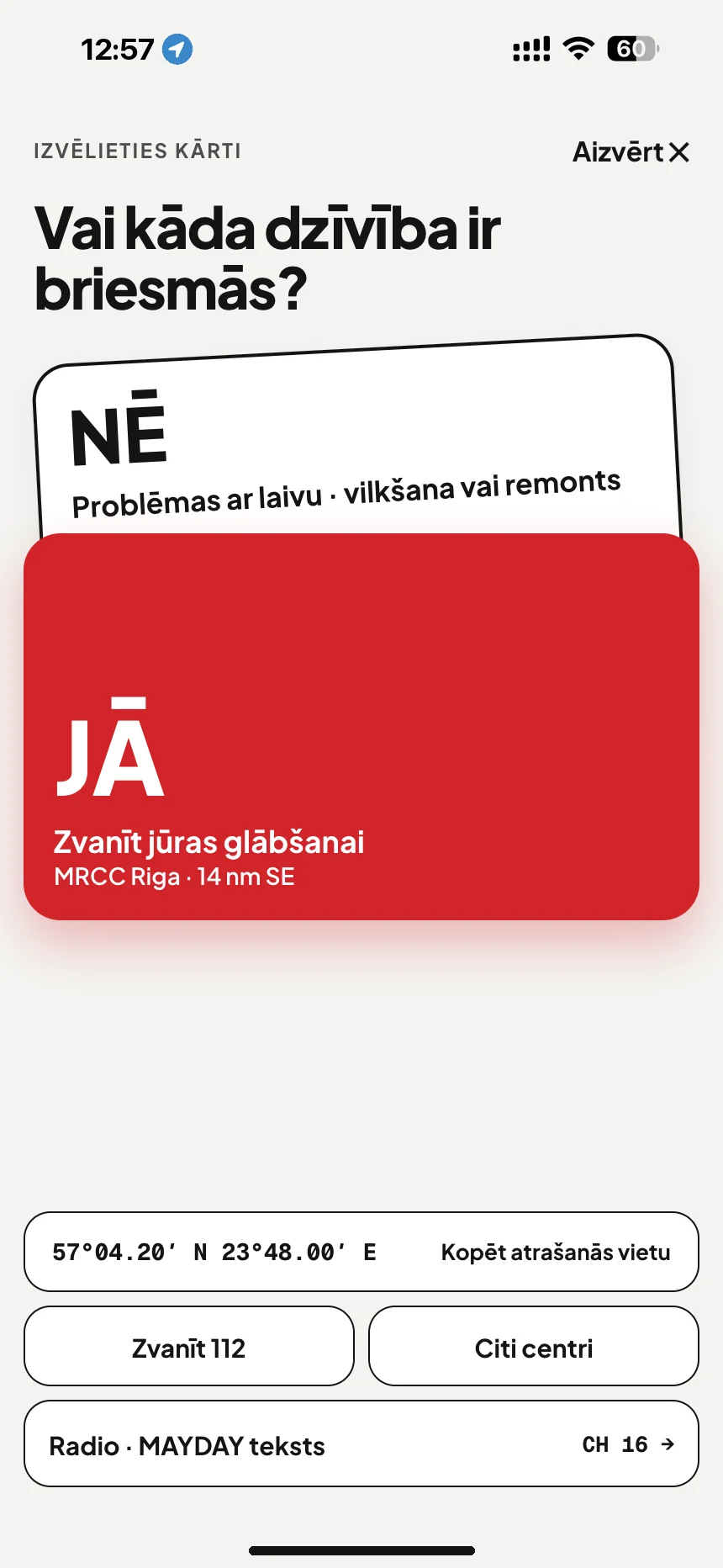 SOS jūrā: vai kāda dzīvība ir briesmās? Jā zvana uz MRCC Riga, nē atver tehnisko palīdzību · VesselSOS