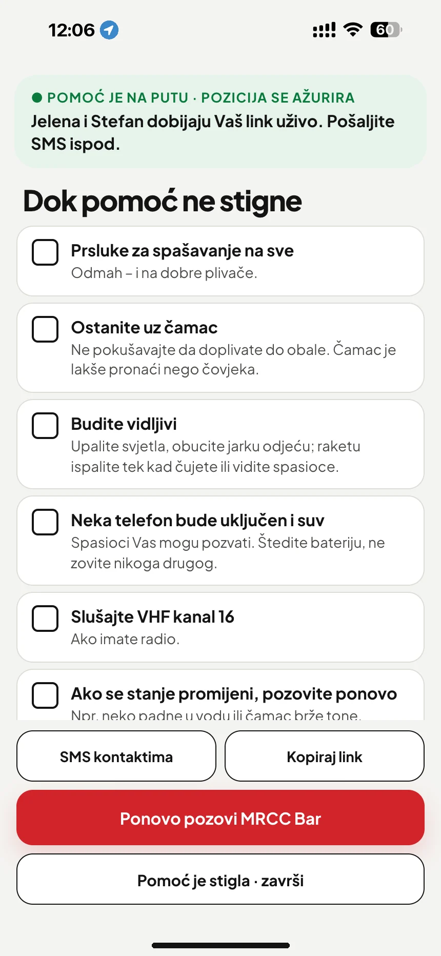 Dok čekate spasioce: lista provjere do dolaska pomoći i SMS sa linkom za praćenje Vašim bližnjima · VesselSOS