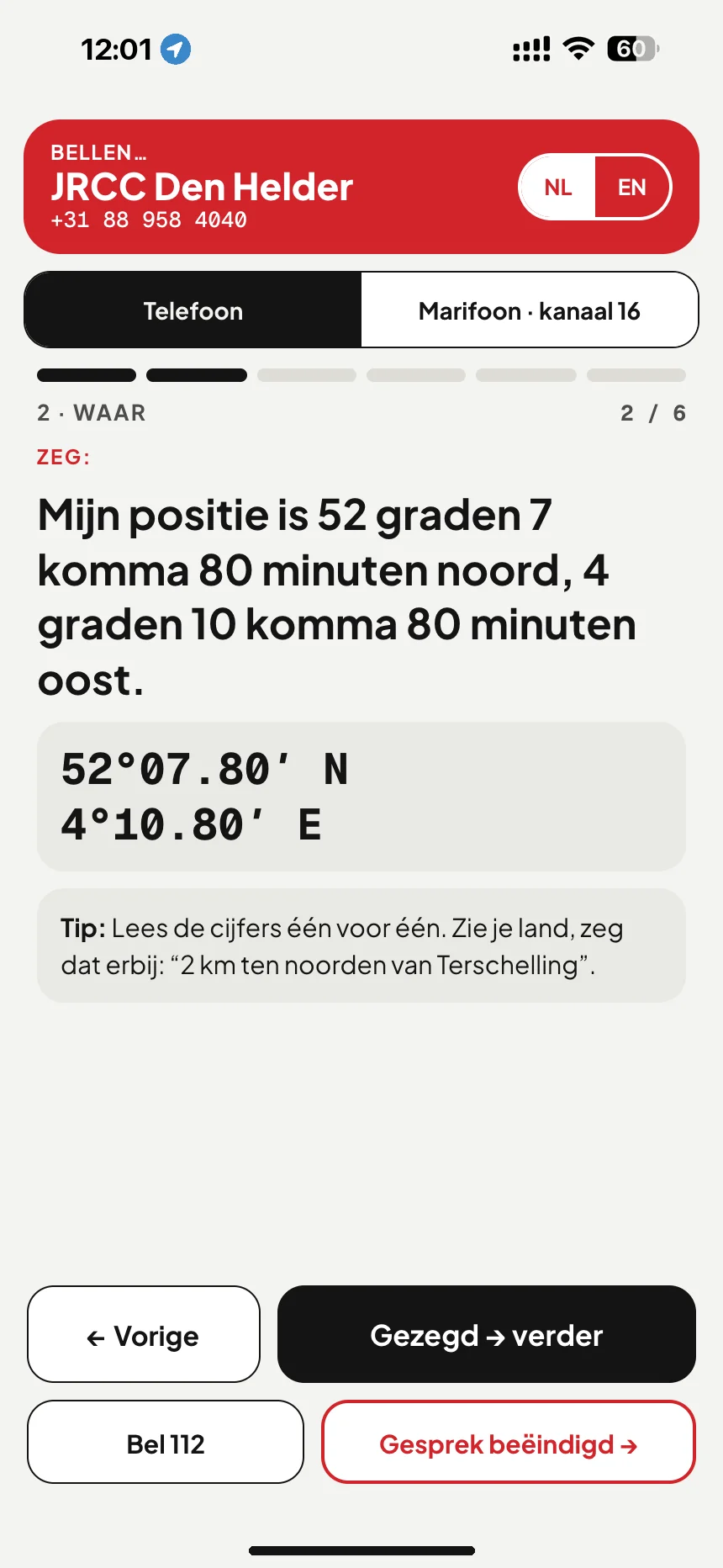 Noodoproep op het water: het belscript leest je positie voor in woorden terwijl je JRCC Den Helder belt · VesselSOS
