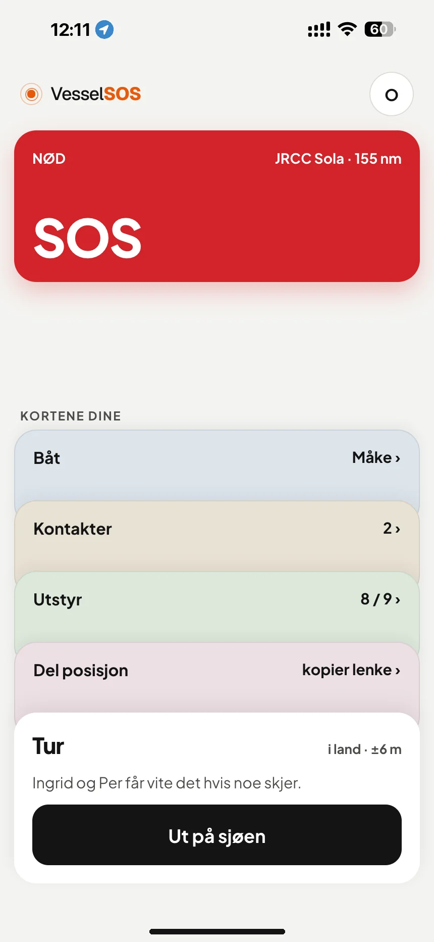 Sikkerhetsapp for båtfolk: SOS-knapp og ansvarlig redningssentral, JRCC Sola · VesselSOS