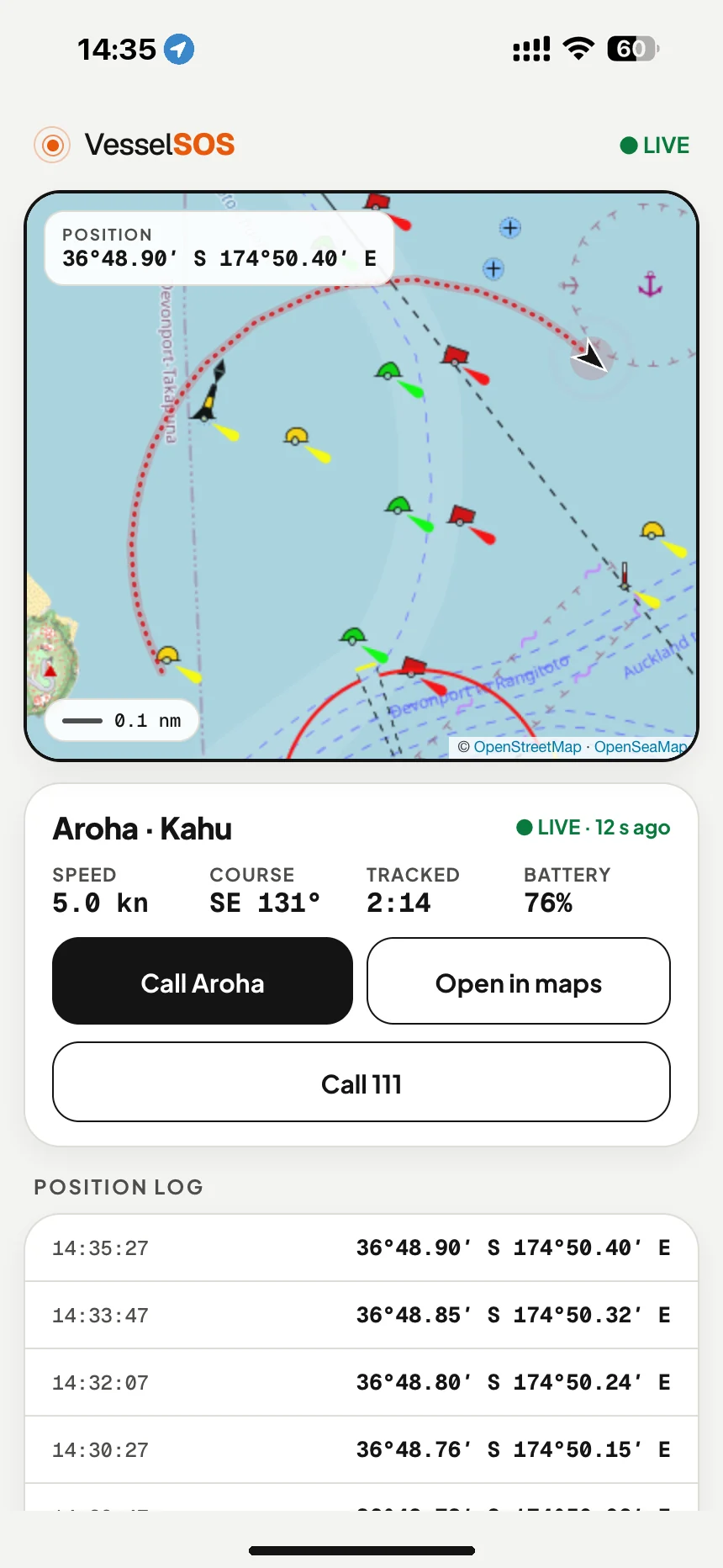 Boat tracking app live link: your boat's position, speed and phone battery on a map, shared with whānau ashore · VesselSOS