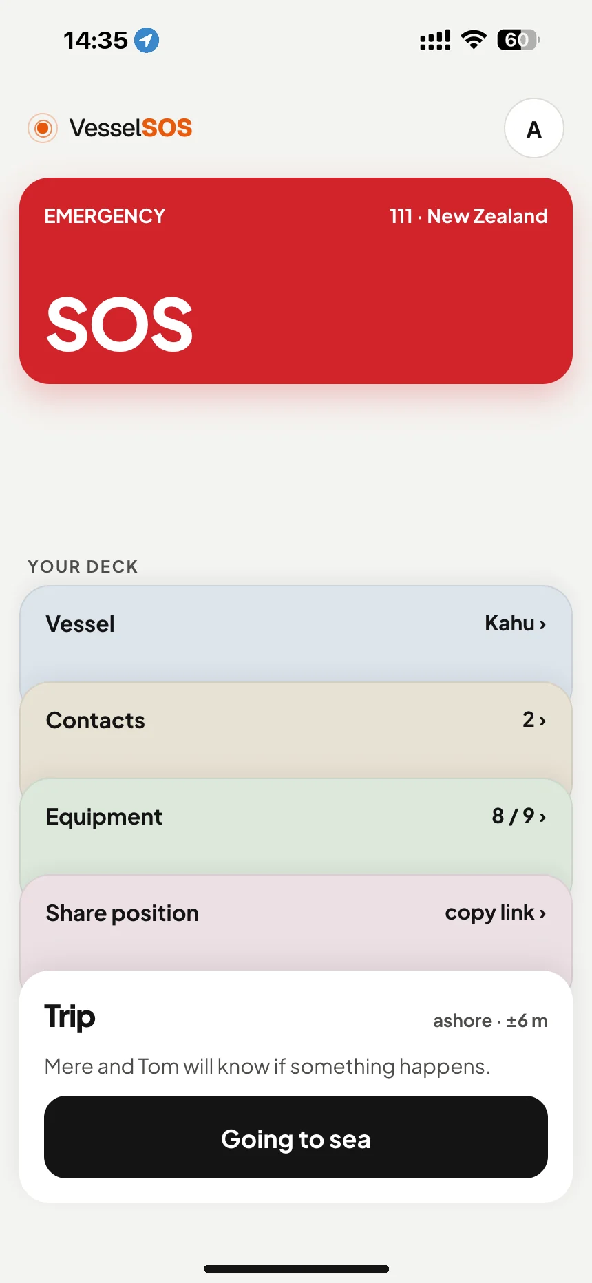 Boating safety app NZ: SOS button with 111 for New Zealand waters · VesselSOS
