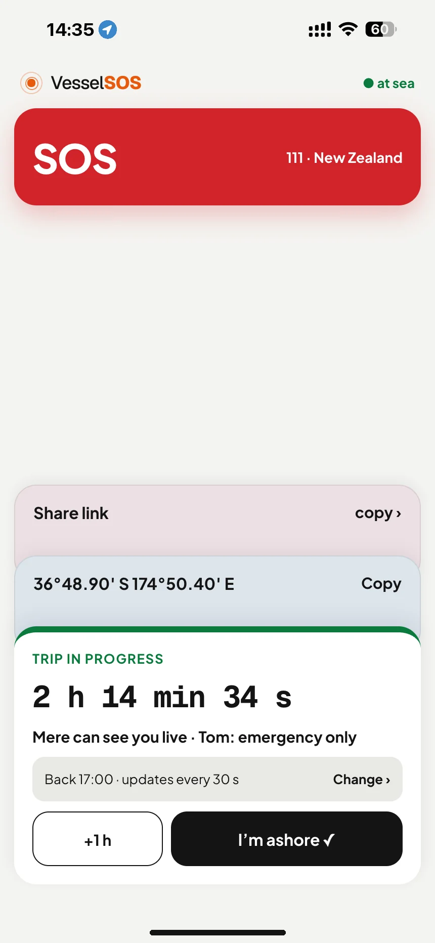 Boating trip tracking: trip under way with return time and who can see you live · VesselSOS