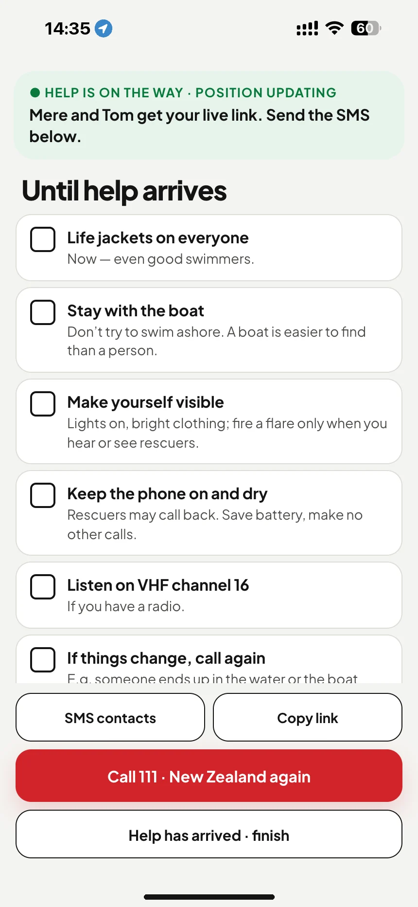 Waiting for Coastguard rescue: checklist until help arrives and a text with your live location link · VesselSOS