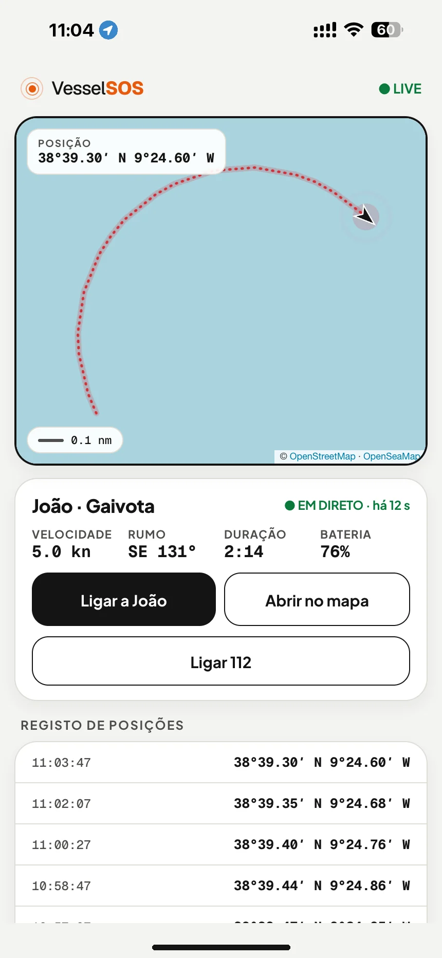 Link de localização do barco em tempo real: posição, velocidade e bateria do telemóvel no mapa, em qualquer navegador · VesselSOS