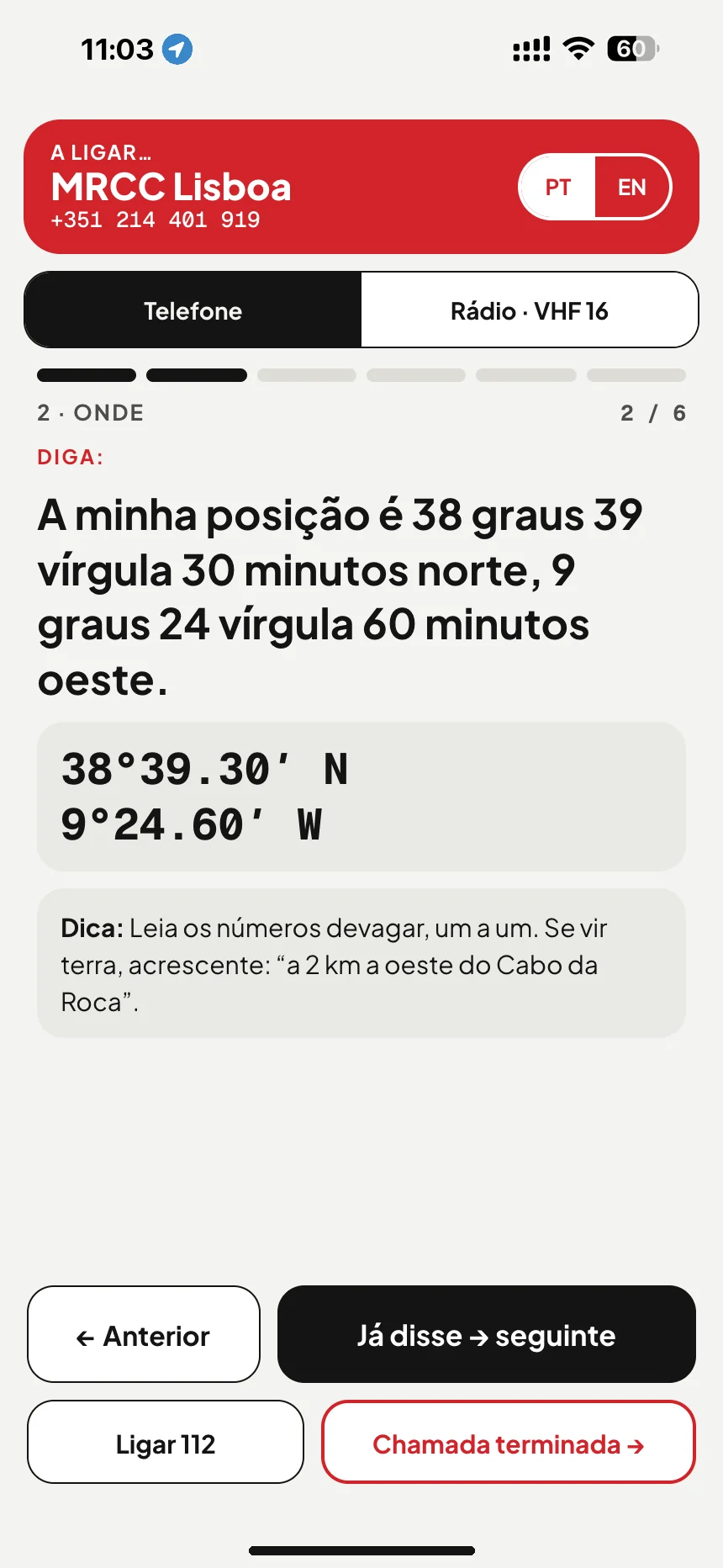 Pedido de socorro no mar: o guião de chamada lê a sua posição por extenso enquanto liga para o MRCC Lisboa · VesselSOS