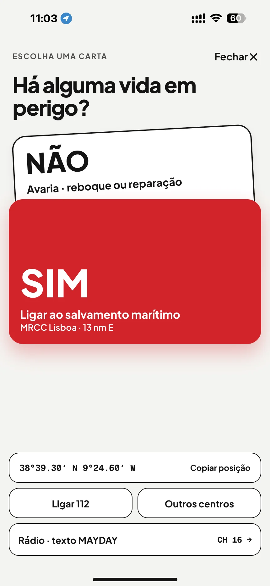 SOS no mar: há alguma vida em perigo? Sim liga para o MRCC Lisboa, não abre a assistência técnica · VesselSOS