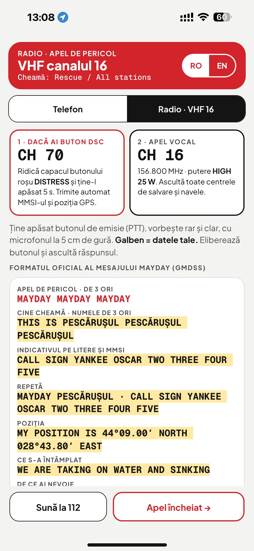 Apel MAYDAY prin VHF: mesaj de pericol pe canalul 16 cu numele bărcii, indicativul de apel și poziția · VesselSOS