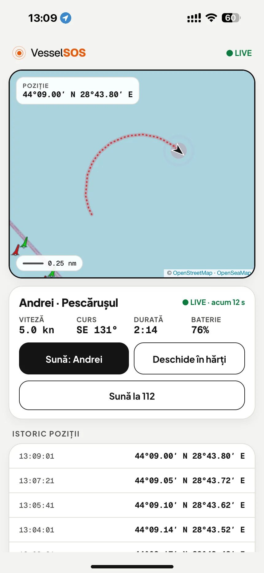 Link de urmărire live a bărcii: poziția, viteza și bateria telefonului pe hartă, în orice browser · VesselSOS