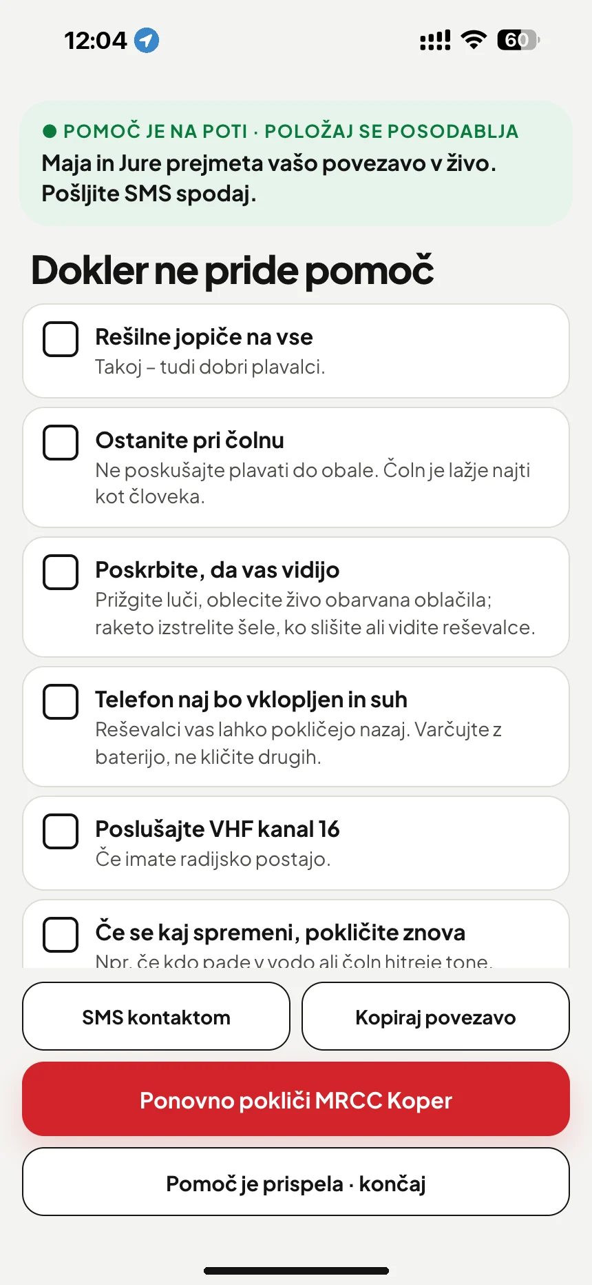 Med čakanjem na reševalce: kontrolni seznam do prihoda pomoči in SMS s povezavo za sledenje za vaše bližnje · VesselSOS