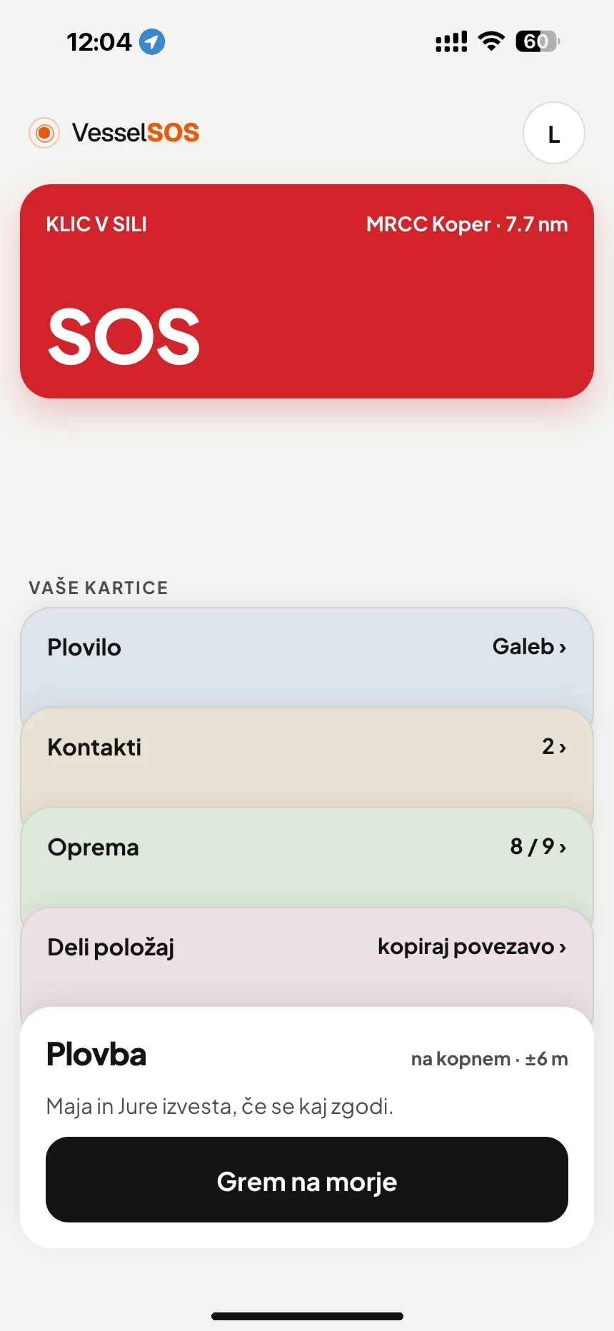 Varnostna aplikacija za navtike: gumb SOS in pristojni reševalni center MRCC Koper · VesselSOS