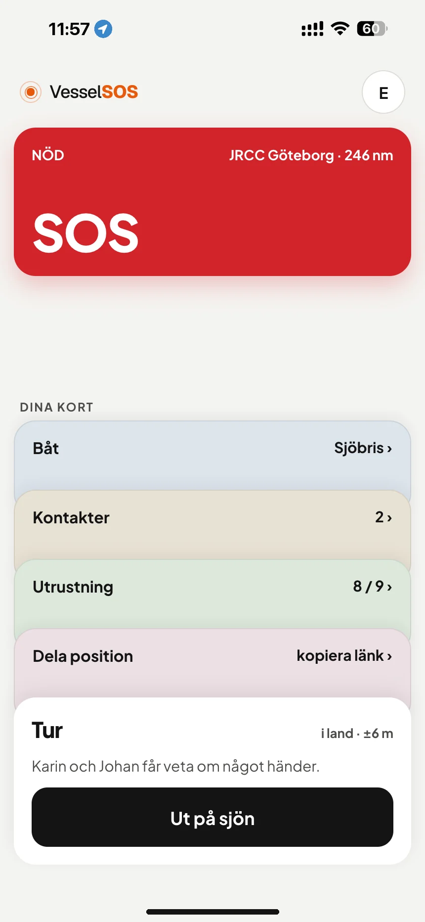 Båtapp för säkerhet till sjöss: SOS-knapp och ansvarig sjöräddningscentral, JRCC Göteborg · VesselSOS