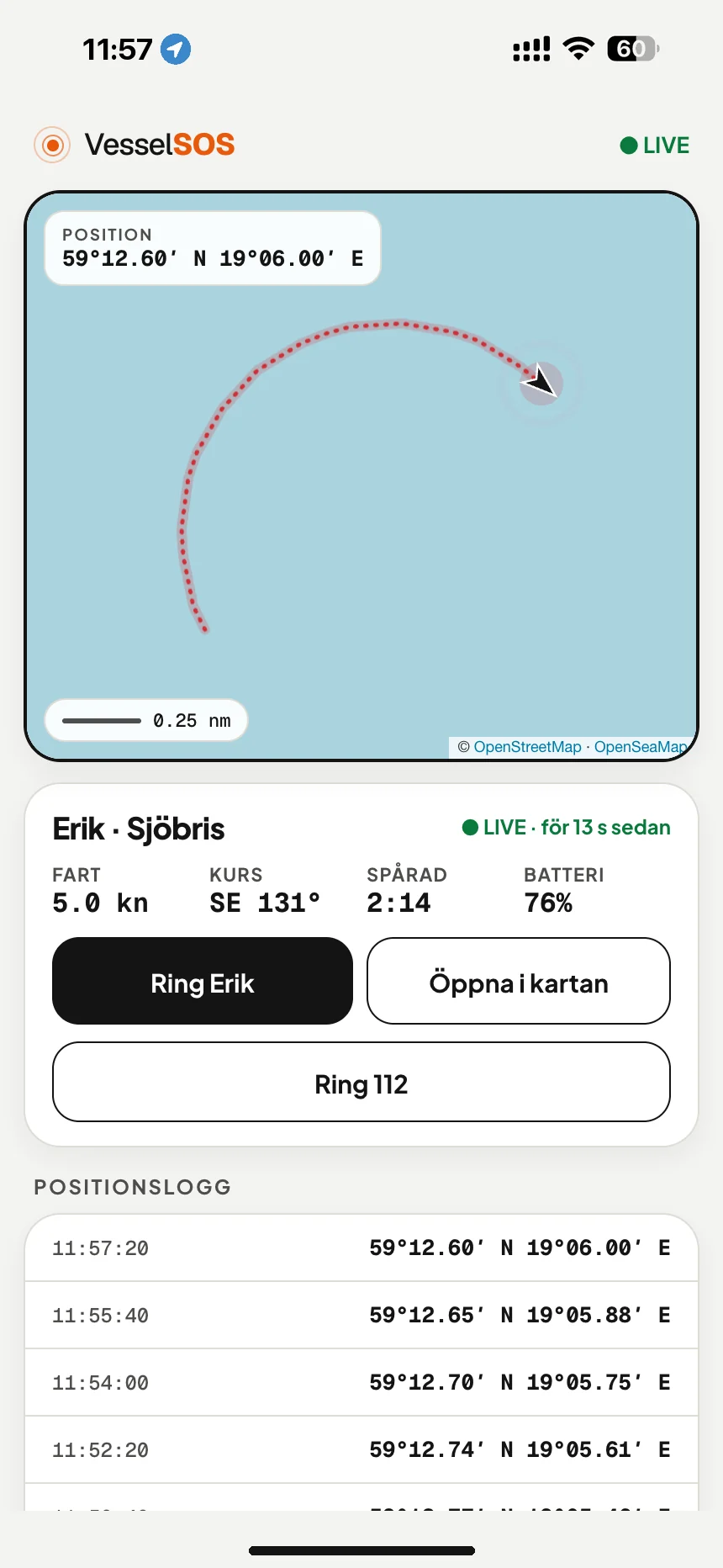 Spårningslänk för båten: båtens position, fart och telefonens batteri på kartan i valfri webbläsare · VesselSOS