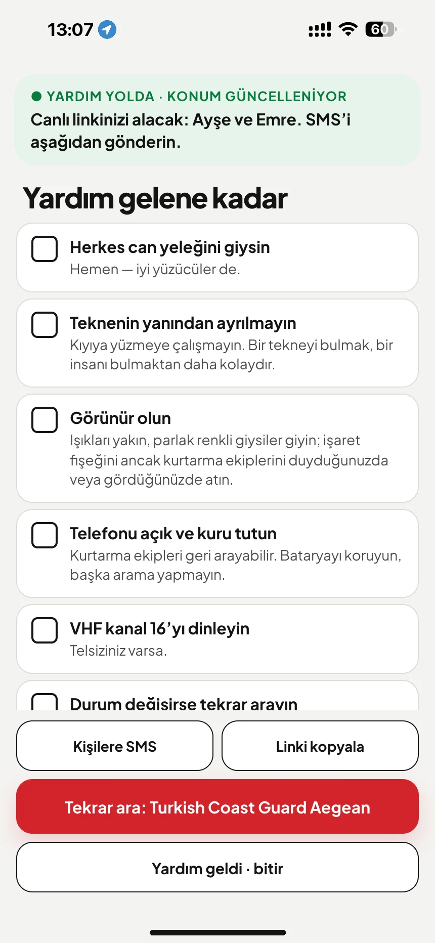 Deniz kurtarmayı beklerken: yardım gelene kadar kontrol listesi ve yakınlarınıza canlı konum linkiyle SMS · VesselSOS