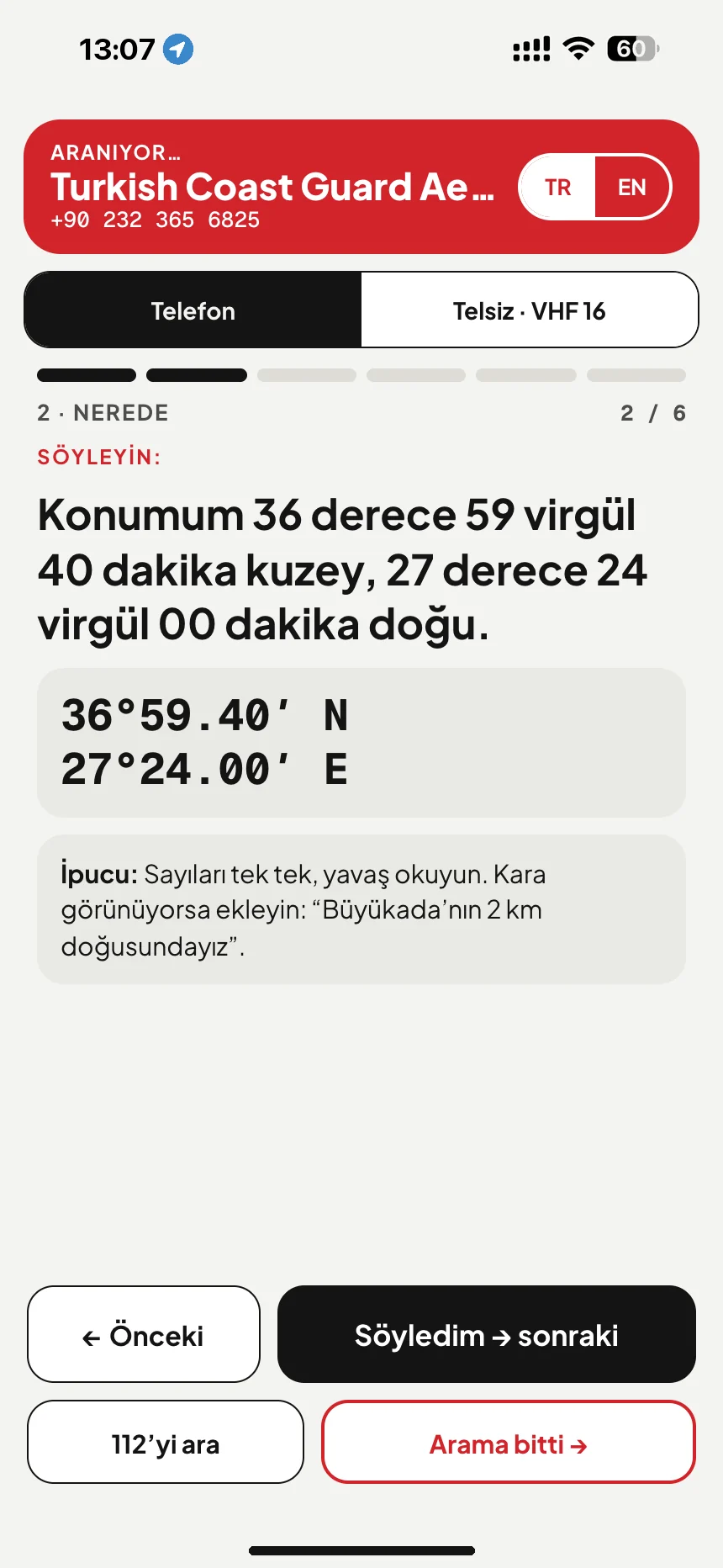 Denizde tehlike çağrısı: arama metni konumunuzu kelimelerle okur; arama Sahil Güvenlik Ege Bölge Komutanlığı hattına gider · VesselSOS