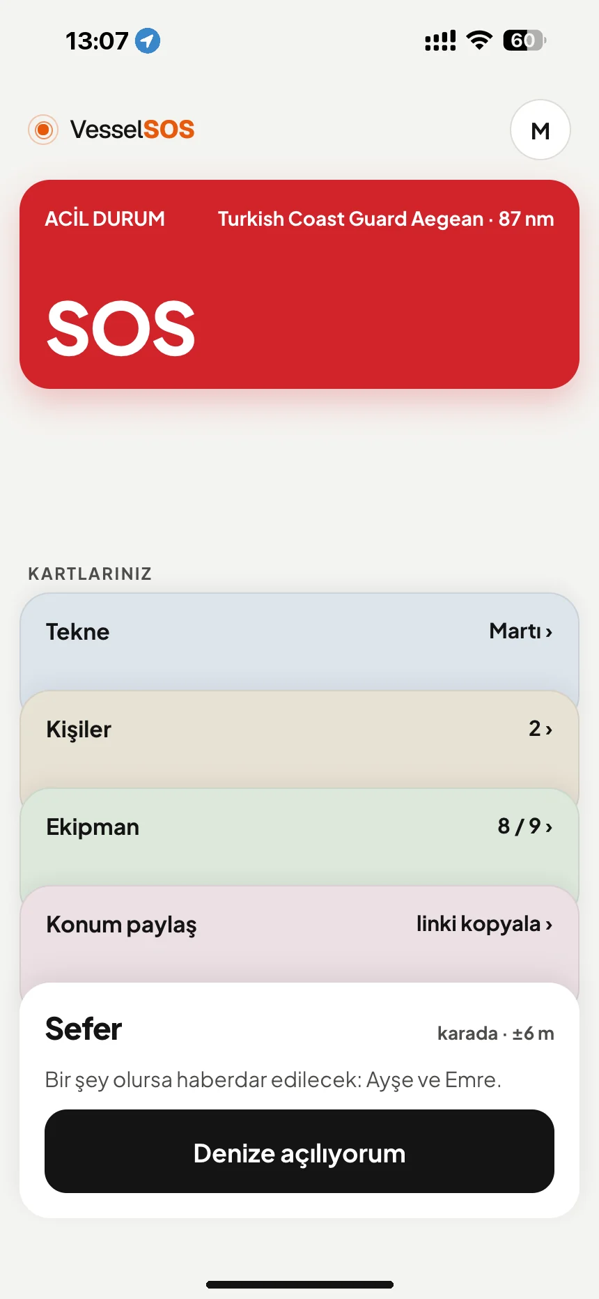Tekne güvenlik uygulaması: SOS düğmesi ve sorumlu kurtarma merkezi: Sahil Güvenlik Ege Bölge Komutanlığı · VesselSOS