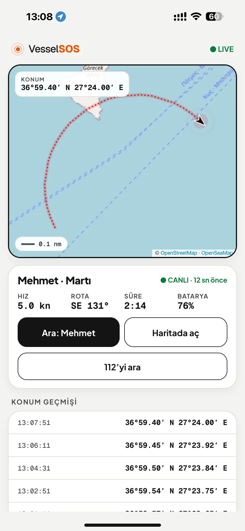 Tekne için canlı konum linki: teknenin konumu, hızı ve telefon şarjı haritada, her tarayıcıda · VesselSOS