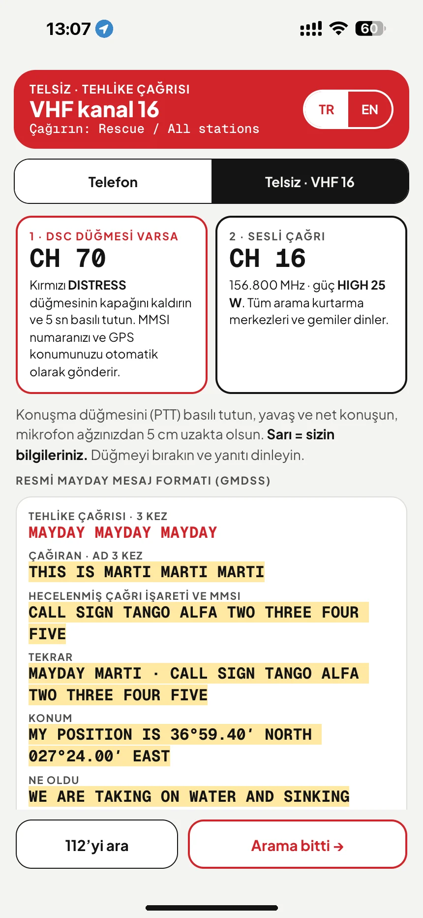 VHF ile MAYDAY çağrısı: teknenin adı, çağrı işareti ve konumuyla 16. kanal tehlike mesajı · VesselSOS