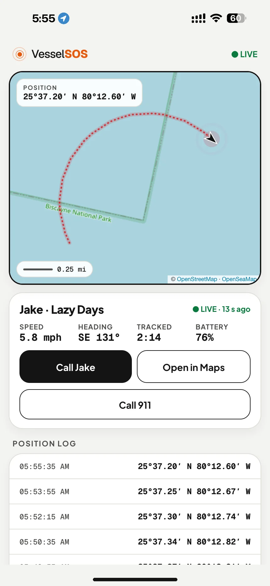 Boat tracking app live link: your boat's position, speed and phone battery on a map, shared with family ashore · VesselSOS