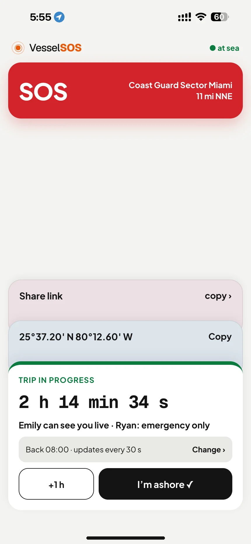 Boat trip tracking: trip in progress with return time and who can see you live · VesselSOS